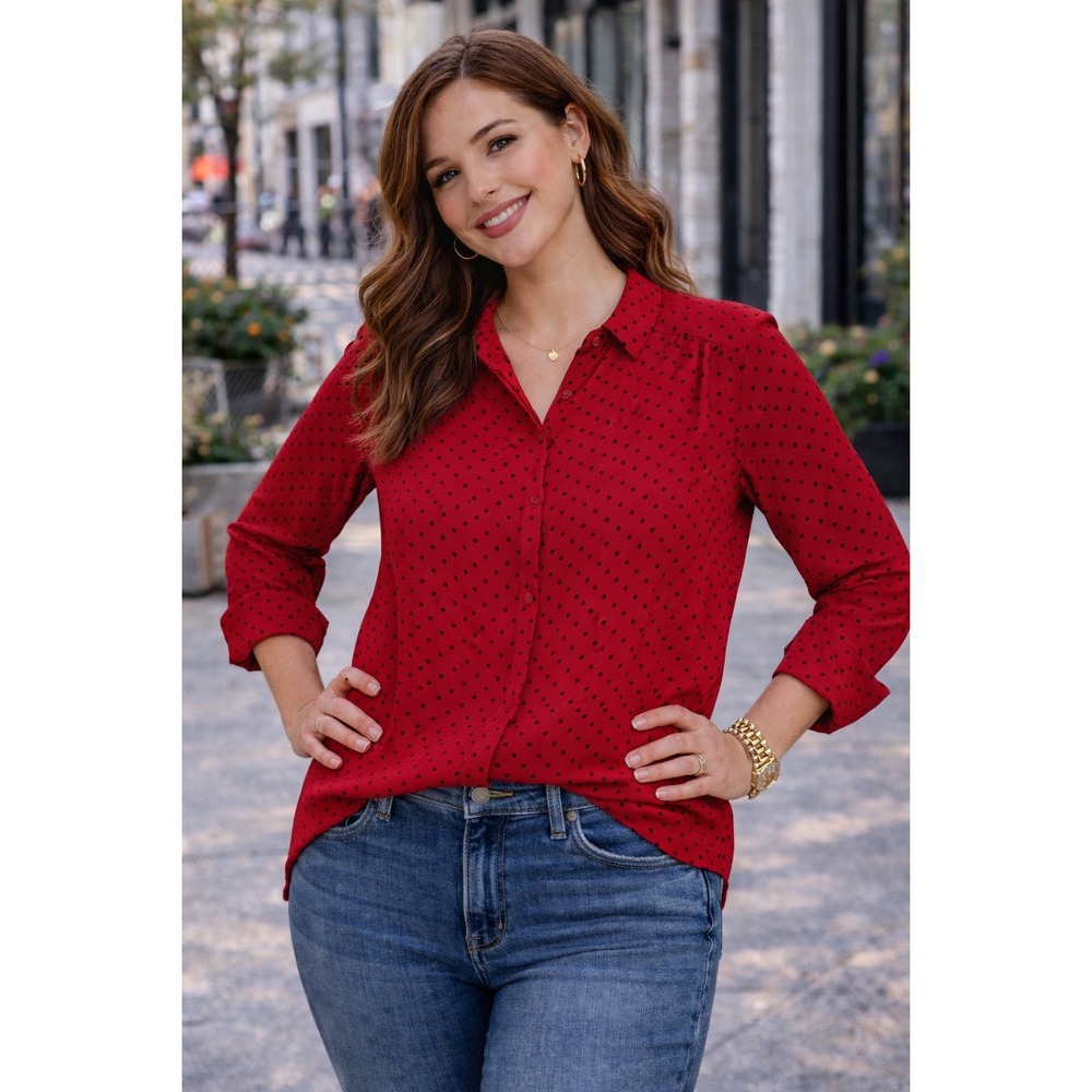 Elle Womens Button‎ Down Blouse Red Polka Dot Large Long Sleeve Workwear Top